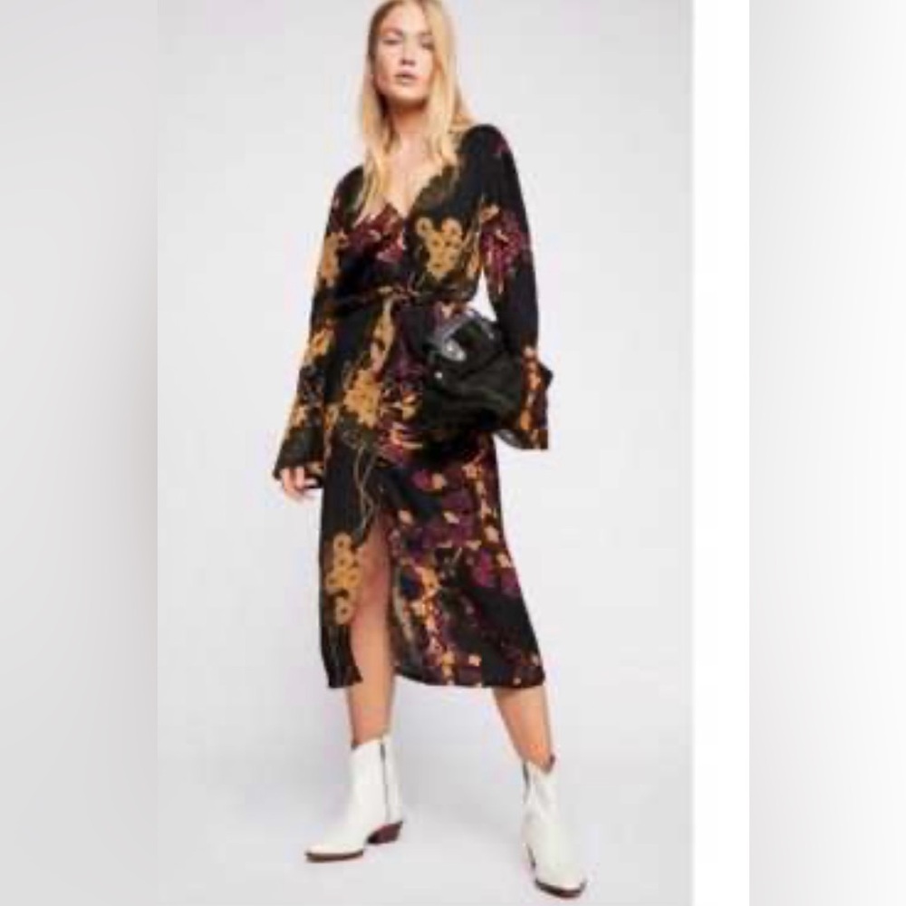 Free People like new black floral print front tie maxi dress